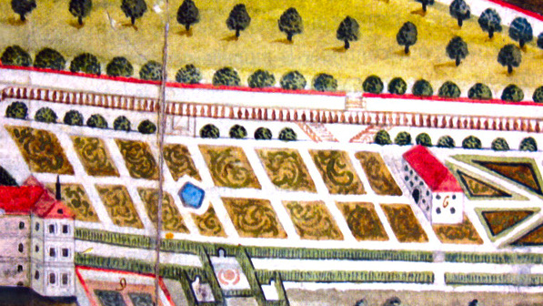 Historische Ansicht eines Klostergartens mit gemusterten Beeten und Baumreihen